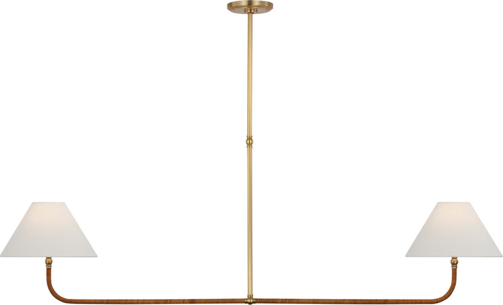 Basden Extra Large Linear Chandelier | Antique-Burnished Brass and Natural Rattan | Linen Shades