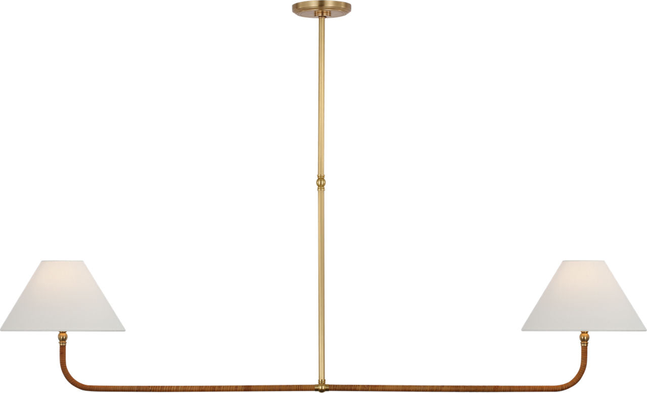 Basden Extra Large Linear Chandelier | Antique-Burnished Brass and Natural Rattan | Linen Shades