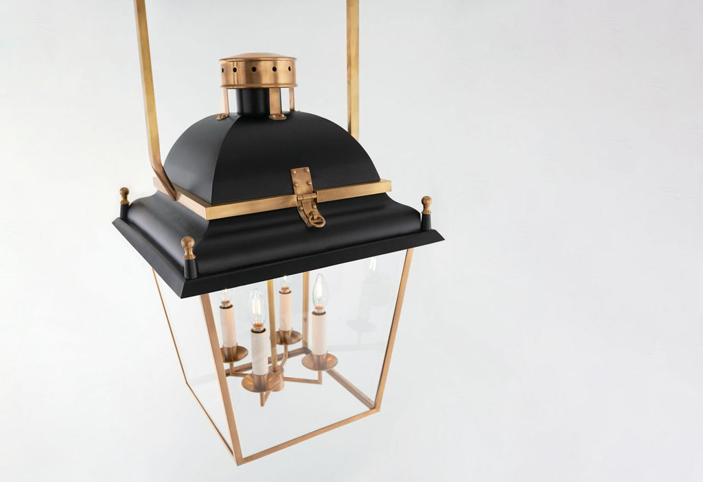 Coventry Medium Lantern | Matte Black and Antique-Burnished Brass | Clear Glass