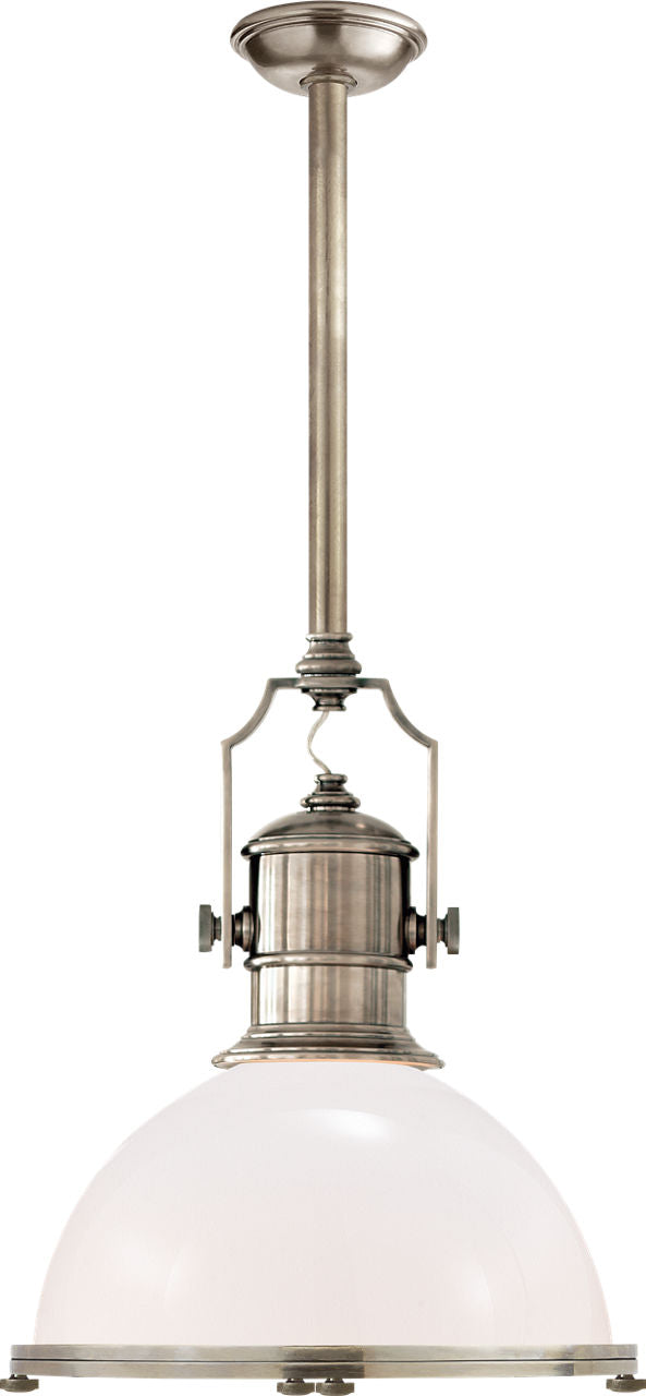 Country Industrial Large Pendant | Antique Nickel | White Glass Shade