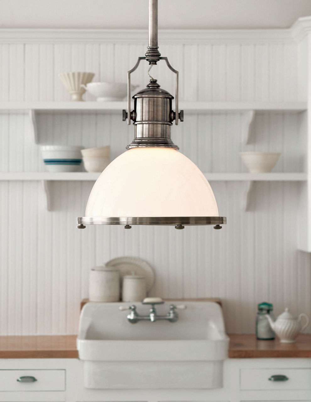 Country Industrial Large Pendant | Antique Nickel | White Glass Shade