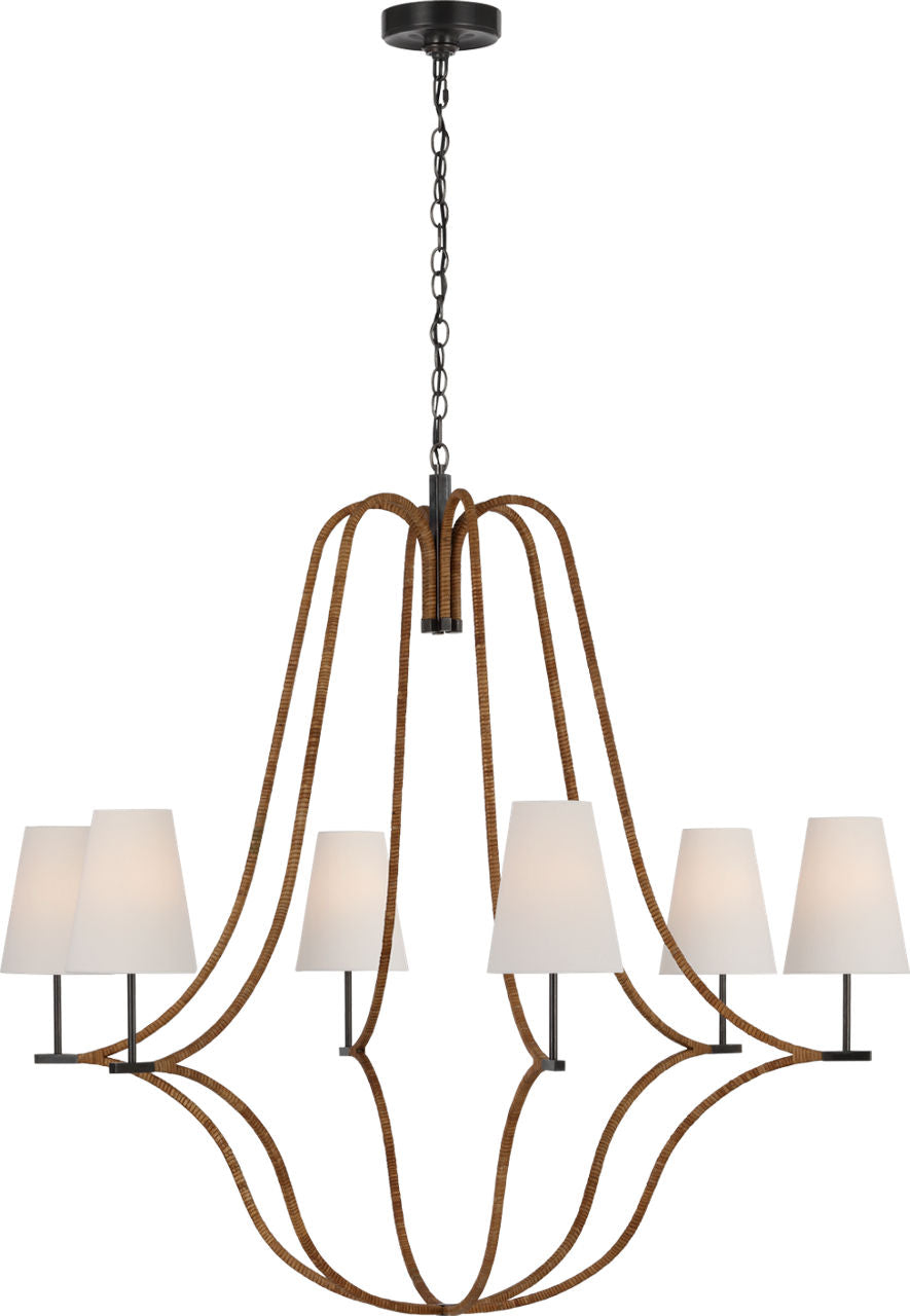 Biscayne Extra Large Wrapped Chandelier | Bronze and Natural Rattan | Linen Shades
