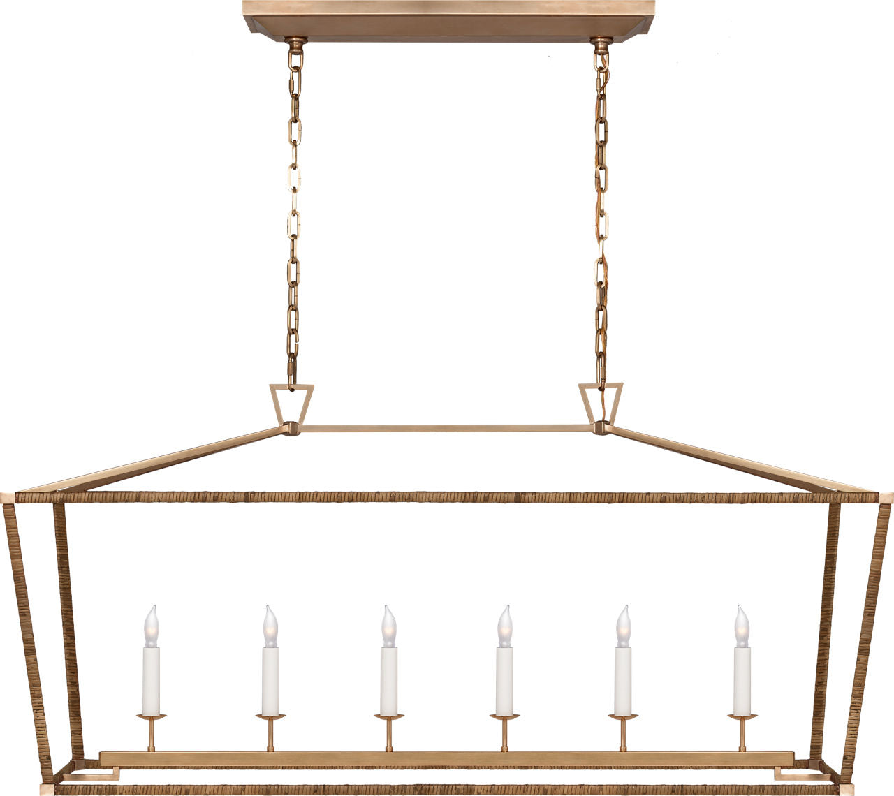 Darlana Large Rattan Wrapped Linear Lantern | Antique-Burnished Brass and Natural Rattan