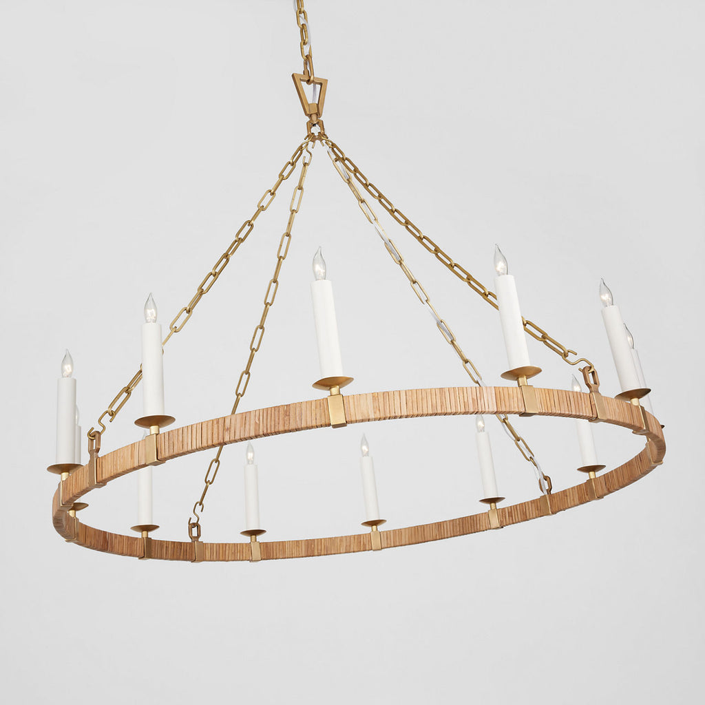 Darlana Large Wrapped Ring Chandelier | Antique-Burnished Brass and Natural Rattan