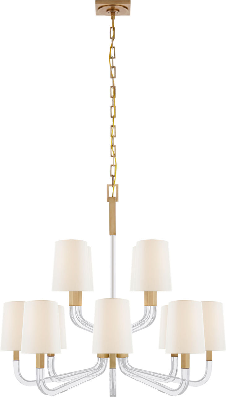 Reagan Medium Two Tier Chandelier | Antique-Burnished Brass and Crystal | Linen Shades