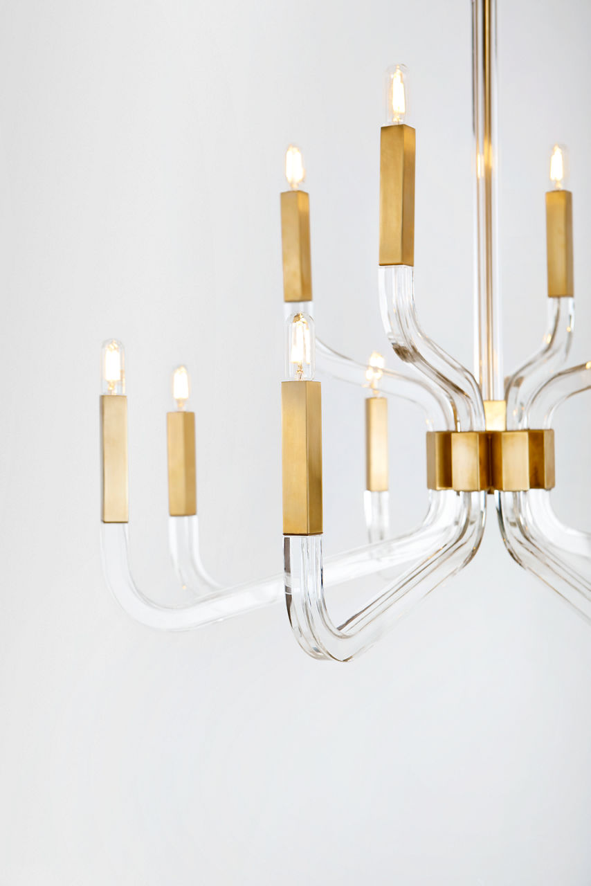 Reagan Medium Two Tier Chandelier | Antique-Burnished Brass and Crystal | Linen Shades