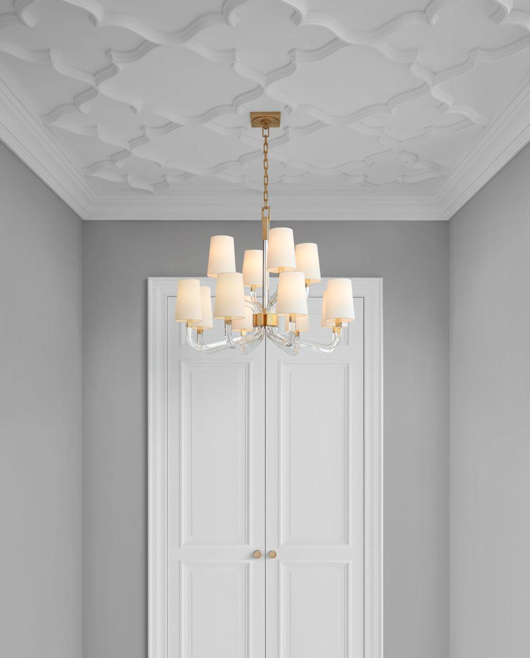 Reagan Medium Two Tier Chandelier | Antique-Burnished Brass and Crystal | Linen Shades