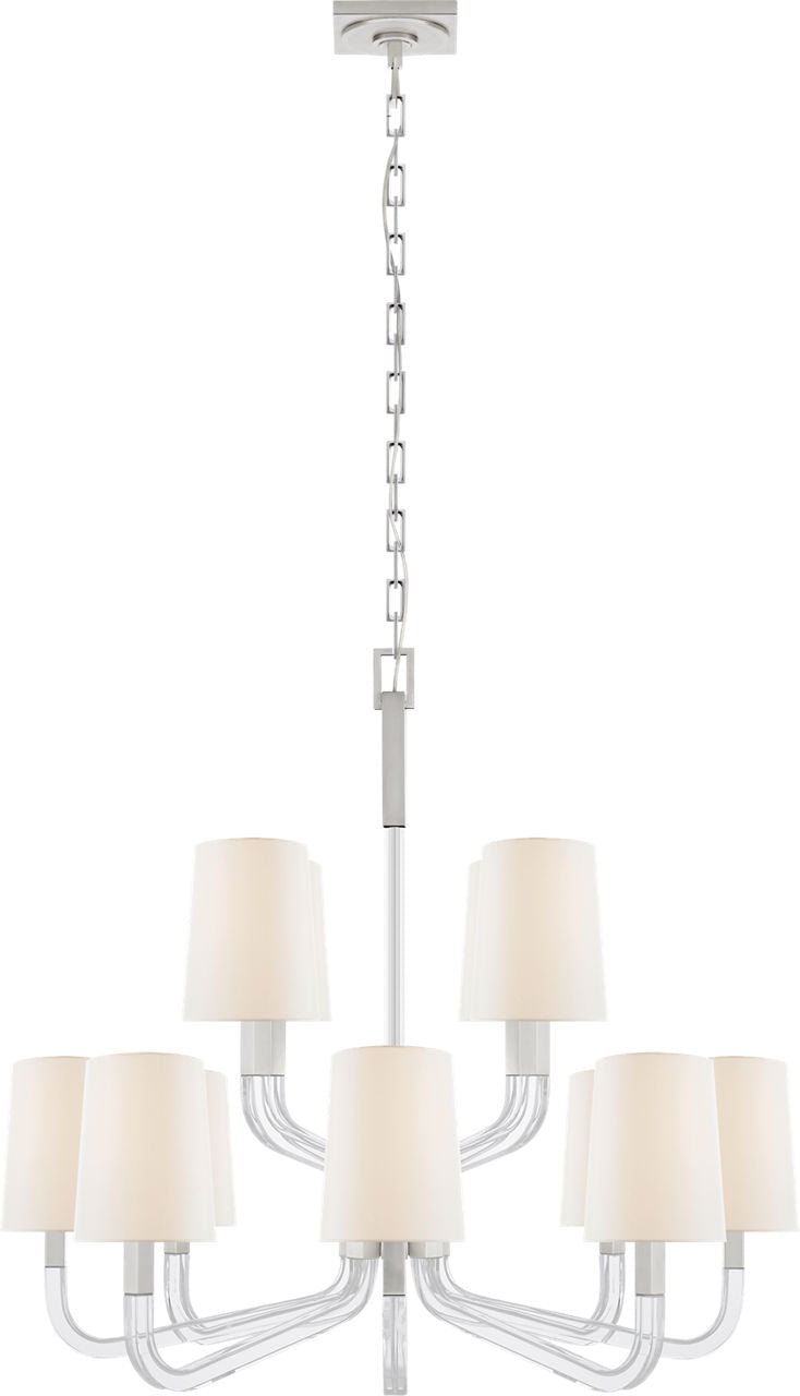 Reagan Medium Two Tier Chandelier | Polished Nickel and Crystal | Linen Shades