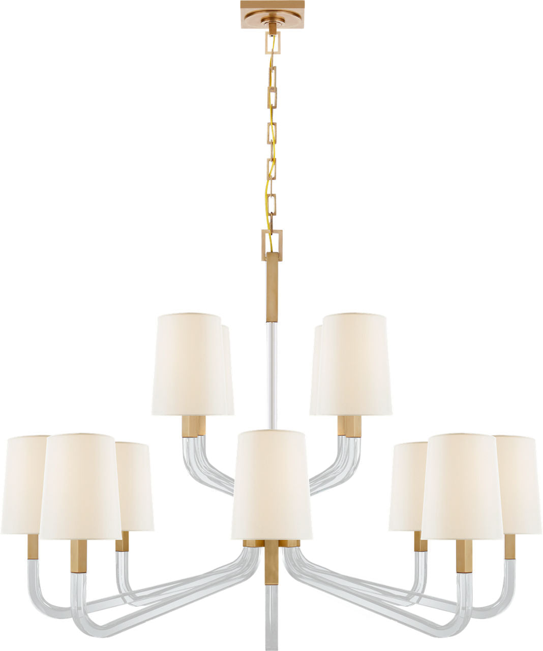 Reagan Grande Two Tier Chandelier | Antique-Burnished Brass and Crystal | Linen Shades