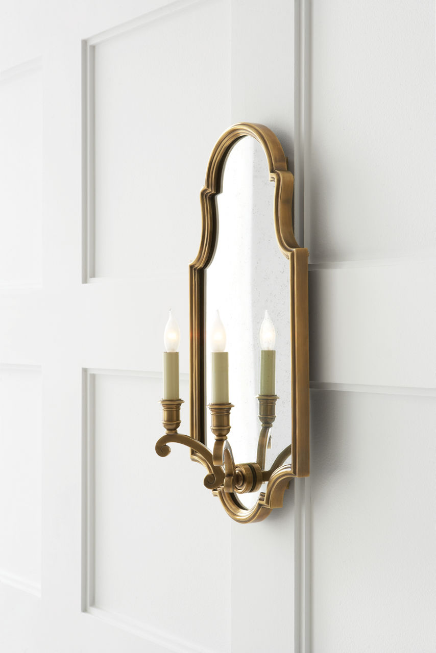 Sussex Medium Framed Double Sconce | Antique-Burnished Brass | Antique Mirror