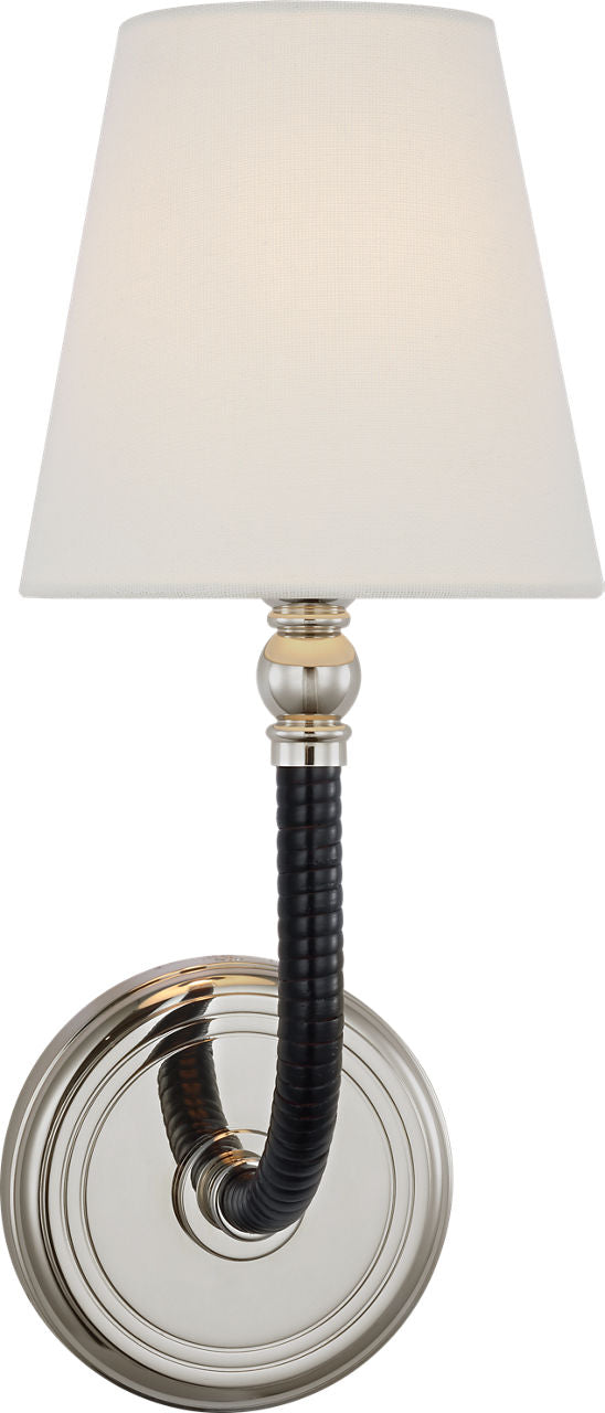 Basden Medium Sconce | Polished Nickel and Black Rattan | Linen Shade