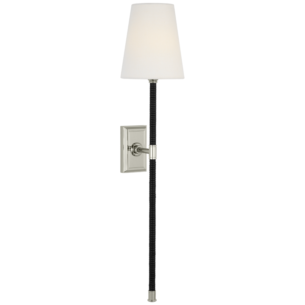 Basden 29" Tail Sconce | Polished Nickel and Black Rattan | Linen Shade