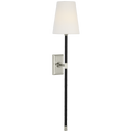 Basden 29" Tail Sconce | Polished Nickel and Black Rattan | Linen Shade
