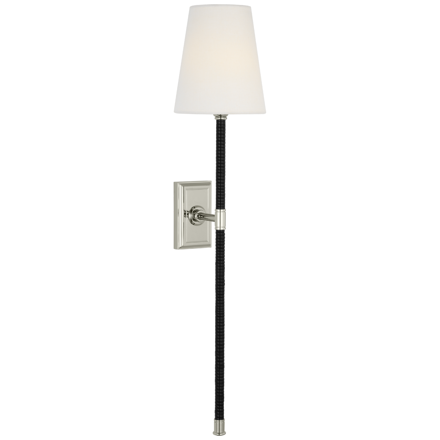 Basden 29" Tail Sconce | Polished Nickel and Black Rattan | Linen Shade