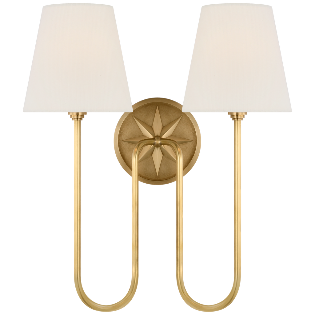 Polaris 17" Double Sconce | Antique-Burnished Brass | Linen Shades
