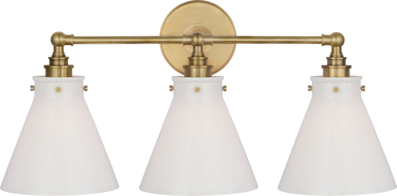 Parkington 24" Three Light Bath Bar | Antique-Burnished Brass | White Glass