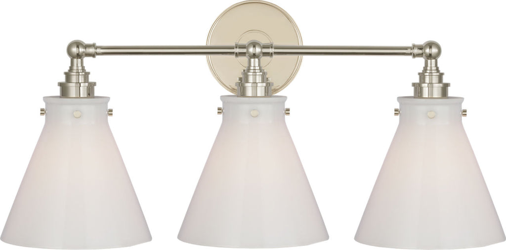 Parkington 24" Three Light Bath Bar | Polished Nickel | White Glass