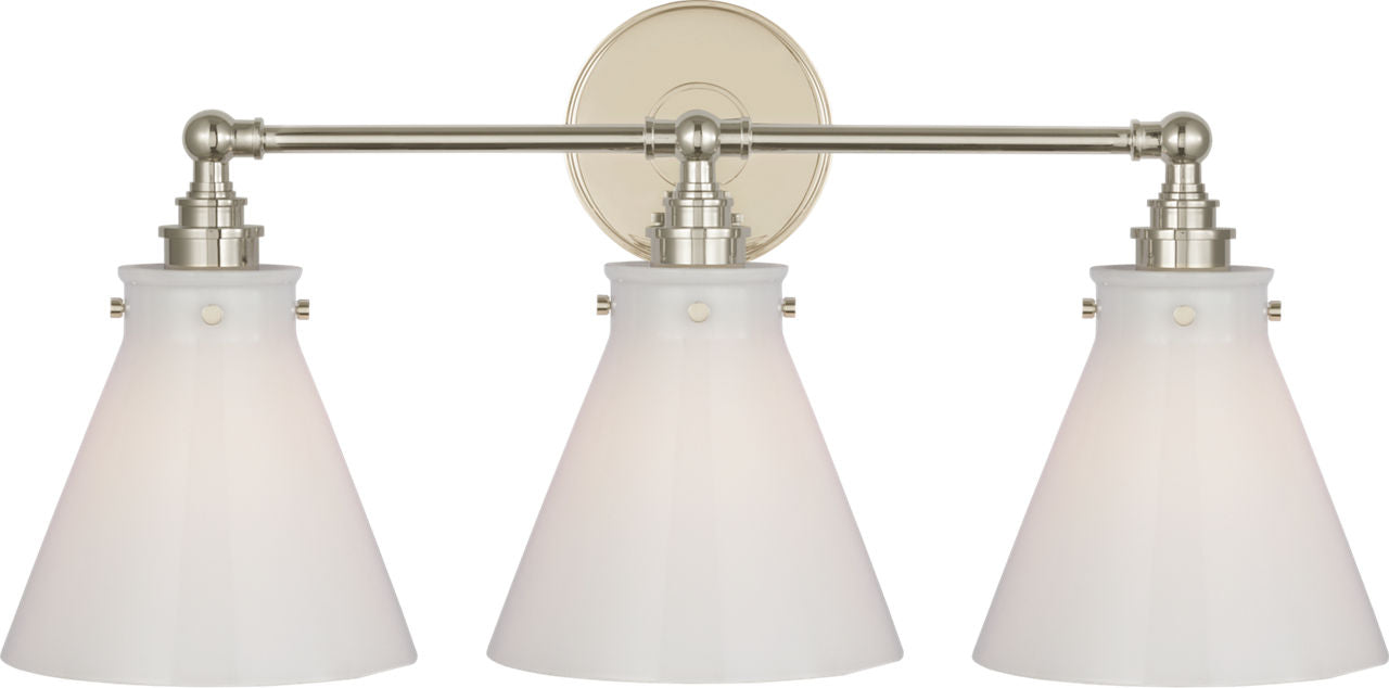 Parkington 24" Three Light Bath Bar | Polished Nickel | White Glass