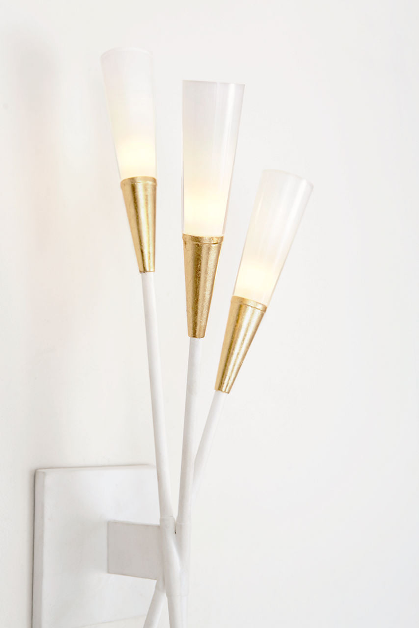 Stellar Triple Tail Sconce | Matte White and Antique Brass | Frosted Acrylic