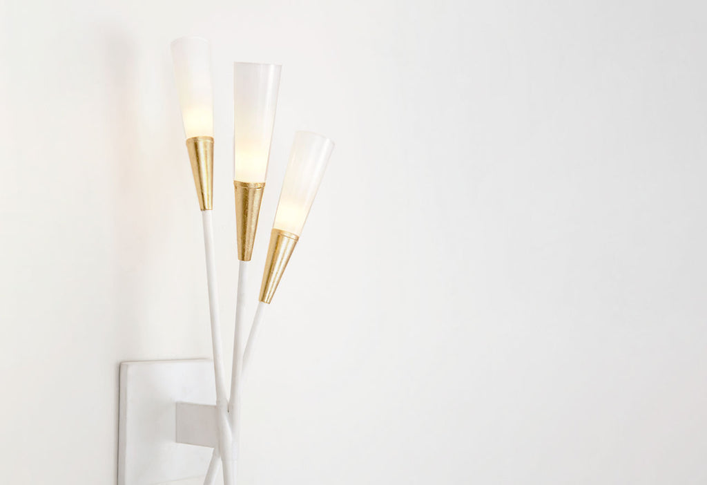 Stellar Triple Tail Sconce | Matte White and Antique Brass | Frosted Acrylic
