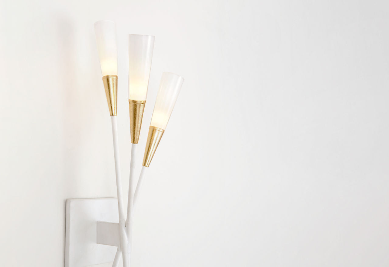 Stellar Triple Tail Sconce | Matte White and Antique Brass | Frosted Acrylic