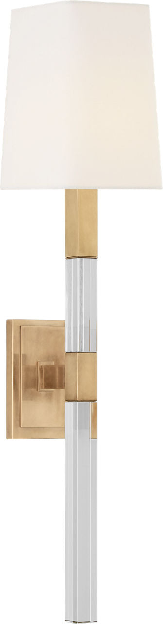 Reagan Medium Tail Sconce | Antique-Burnished Brass and Crystal | Linen Shade