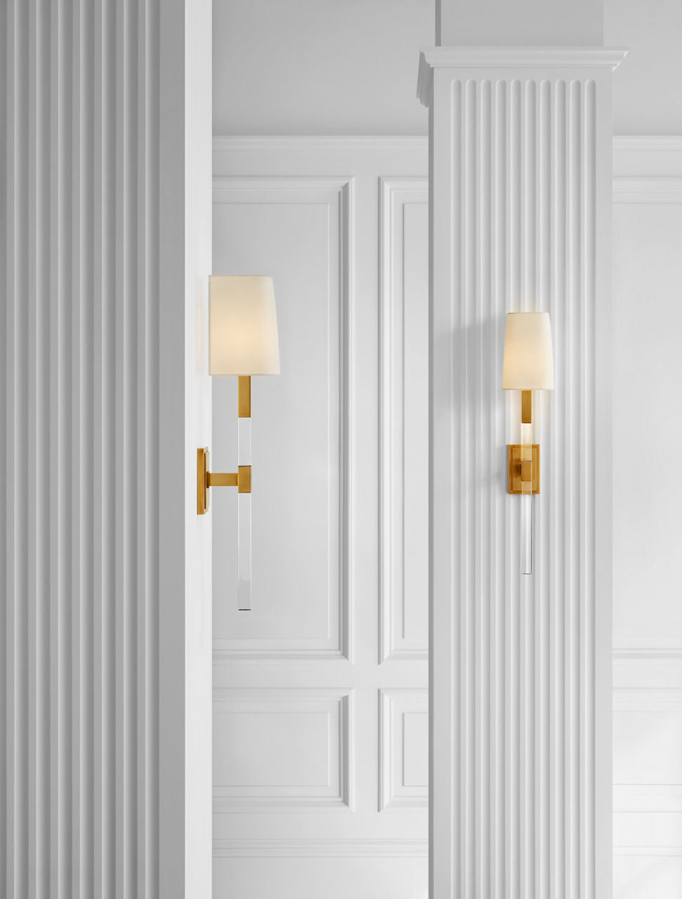 Reagan Medium Tail Sconce | Antique-Burnished Brass and Crystal | Linen Shade