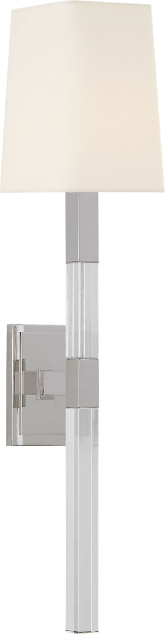 Reagan Medium Tail Sconce | Polished Nickel and Crystal | Linen Shade
