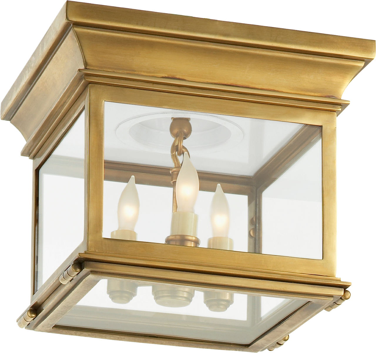 Club Small Square Outdoor Flush Mount | Antique-Burnished Brass | Clear Glass