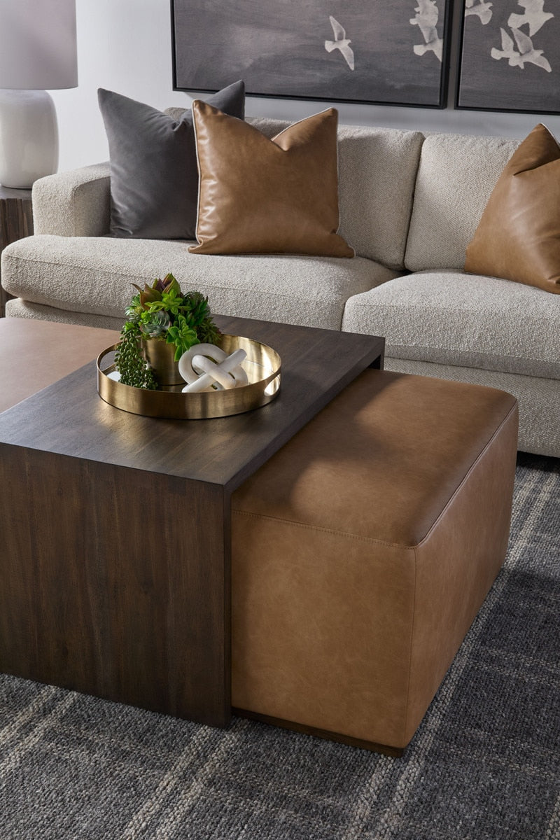 Dovetail Upholstered Coffee Table | Burnished Brown Acacia