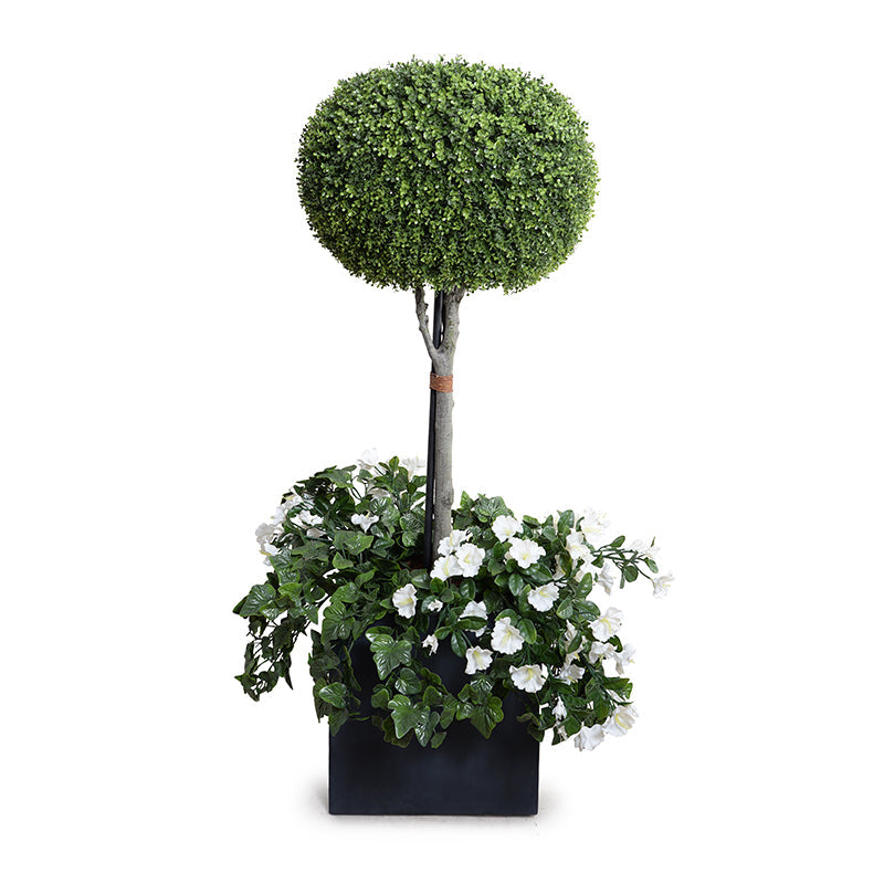 Boxwood Pumpkin Topiary w/Flowers & Vines Gray Planter