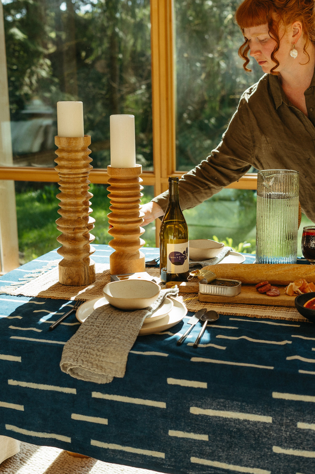 Indigo Block Print Tablecloth, Stripes