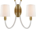 Clarice Double Sconce | Clear Acrylic and Antique-Burnished Brass | Linen Shades
