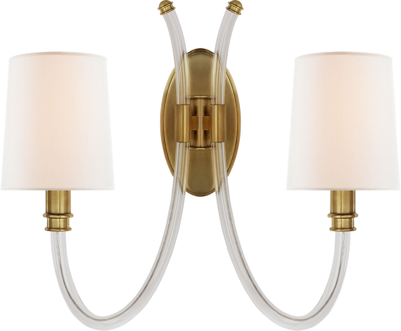 Clarice Double Sconce | Clear Acrylic and Antique-Burnished Brass | Linen Shades