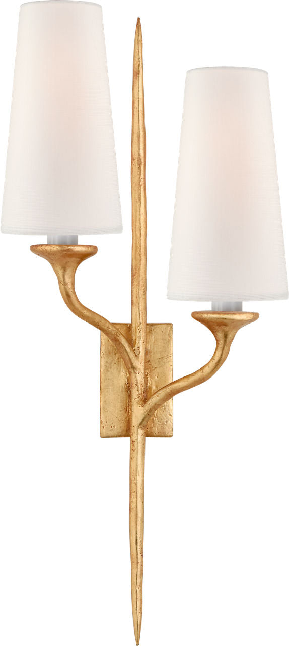 Iberia Double Left Sconce | Antique Gold Leaf | Linen Shades