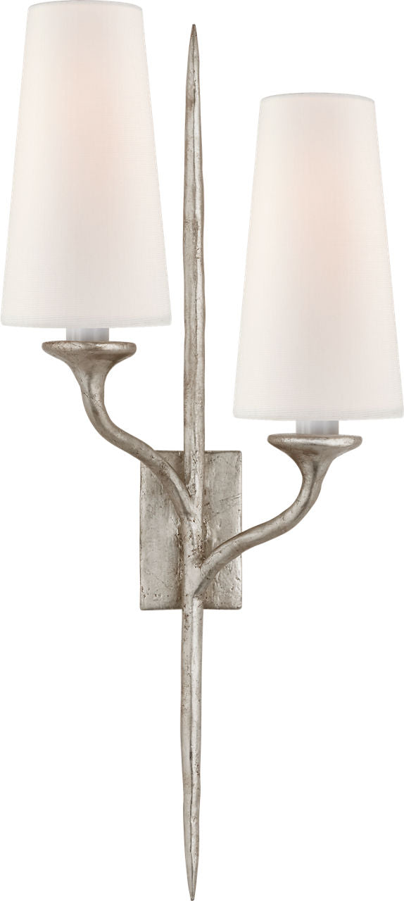 Iberia Double Left Sconce | Burnished Silver Leaf | Linen Shades