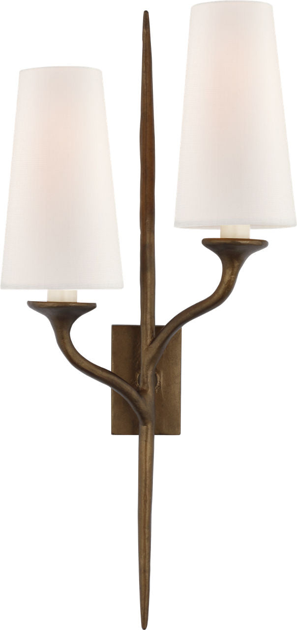 Iberia Double Right Sconce | Antique Bronze Leaf | Linen Shades