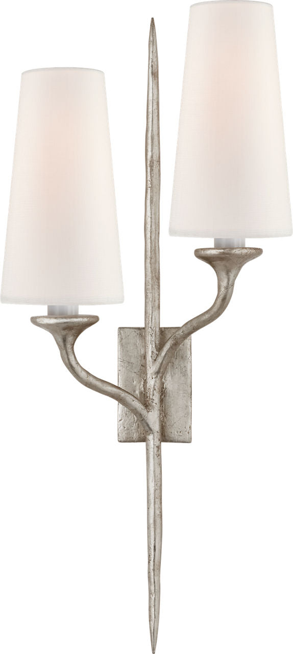 Iberia Double Right Sconce | Burnished Silver Leaf | Linen Shades