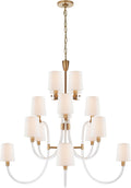 Clarice Large Chandelier | Clear Acrylic and Antique-Burnished Brass | Linen Shades
