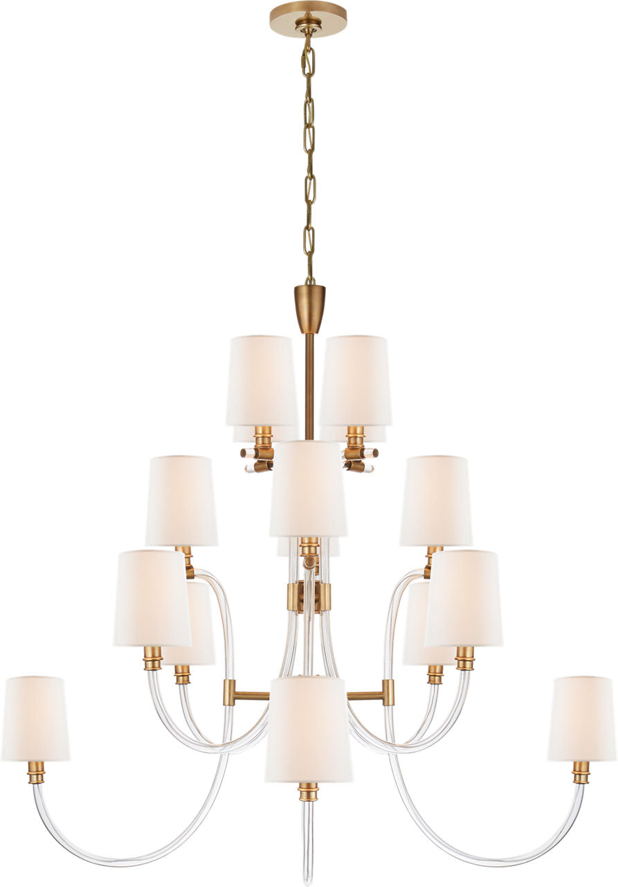 Clarice Large Chandelier | Clear Acrylic and Antique-Burnished Brass | Linen Shades