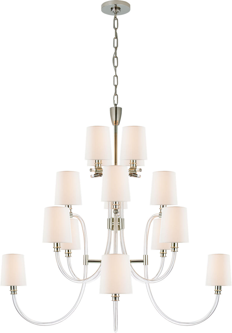 Clarice Large Chandelier | Clear Acrylic and Polished Nickel | Linen Shades