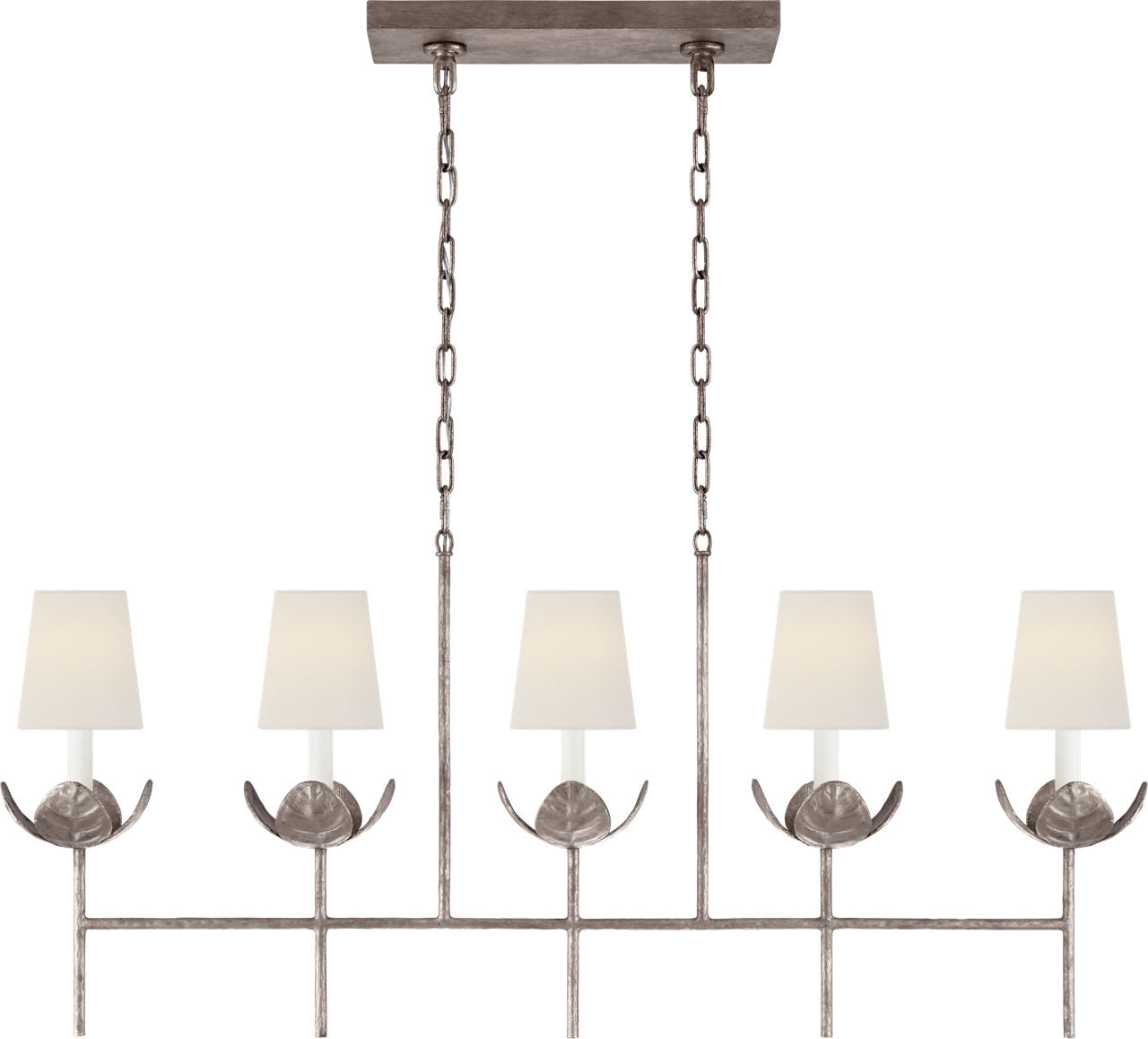 Illana Large Linear Chandelier | Burnished Silver Leaf | Linen Shade