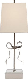 Ellery Gros-Grain Bow Table Lamp | Polished Nickel and Mirror | Cream Linen Shade