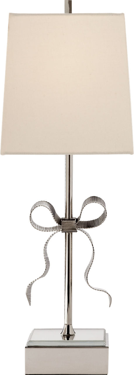 Ellery Gros-Grain Bow Table Lamp | Polished Nickel and Mirror | Cream Linen Shade
