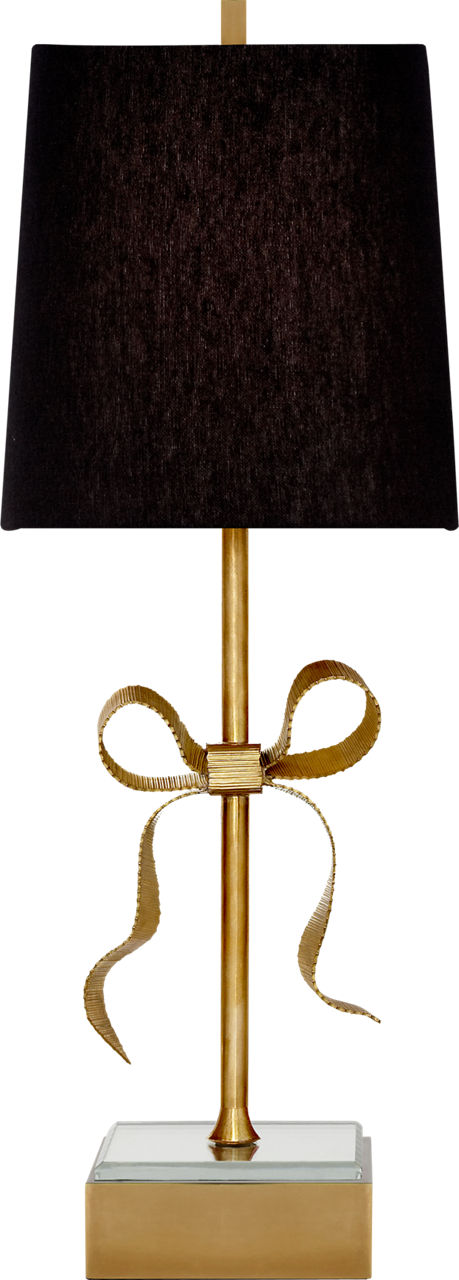 Ellery Gros-Grain Bow Table Lamp | Soft Brass and Mirror | Black Linen Shade