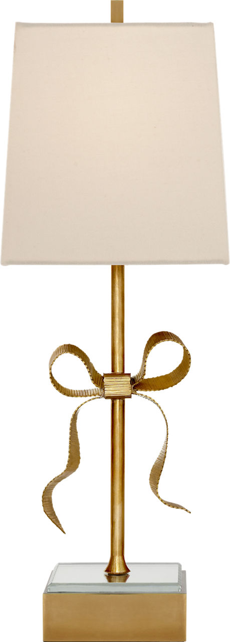 Ellery Gros-Grain Bow Table Lamp | Soft Brass and Mirror | Cream Linen Shade