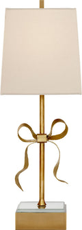 Ellery Gros-Grain Bow Table Lamp | Soft Brass and Mirror | Cream Linen Shade