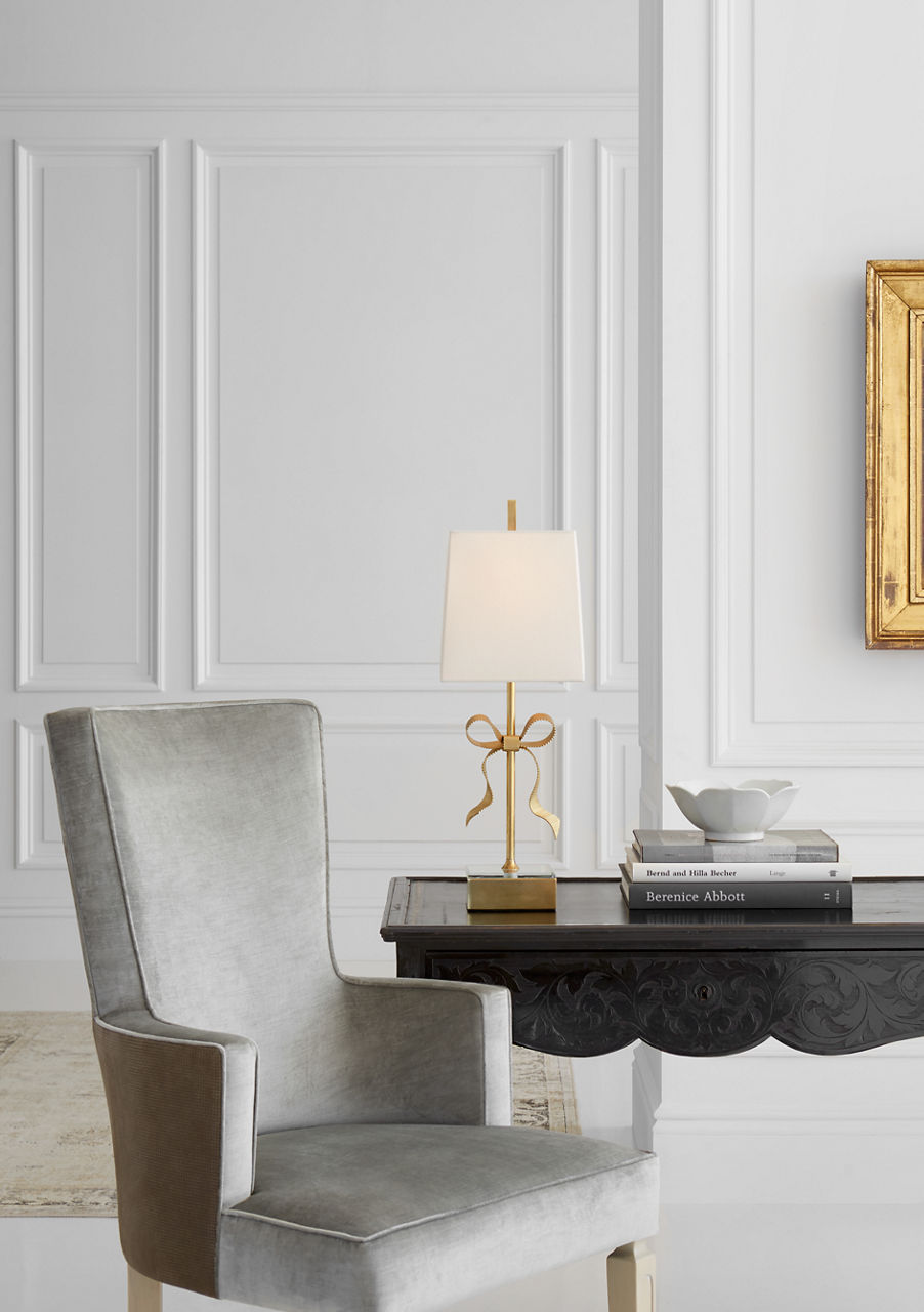 Ellery Gros-Grain Bow Table Lamp | Soft Brass and Mirror | Cream Linen Shade