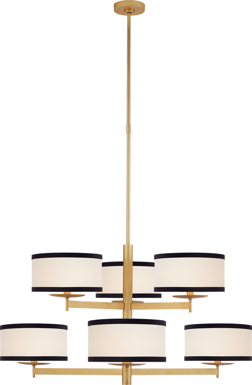 Walker Medium Two Tier Chandelier | Gild | Cream Linen Shades | Black Linen Trim