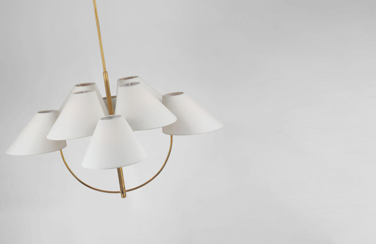 Kinsley Large Two-Tier Chandelier | Soft Brass | Linen Shades